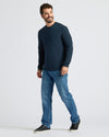 Man modeling Black & Navy Heavyweight Long Sleeve Pocket Crew 2-Pack.