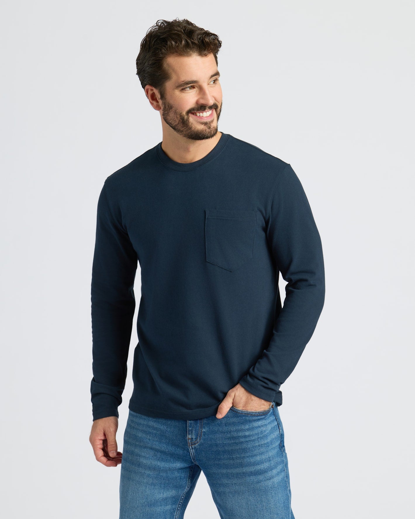 Man in Navy Long Sleeve from Variety Heavyweight Pocket Shirts 9-Pack.