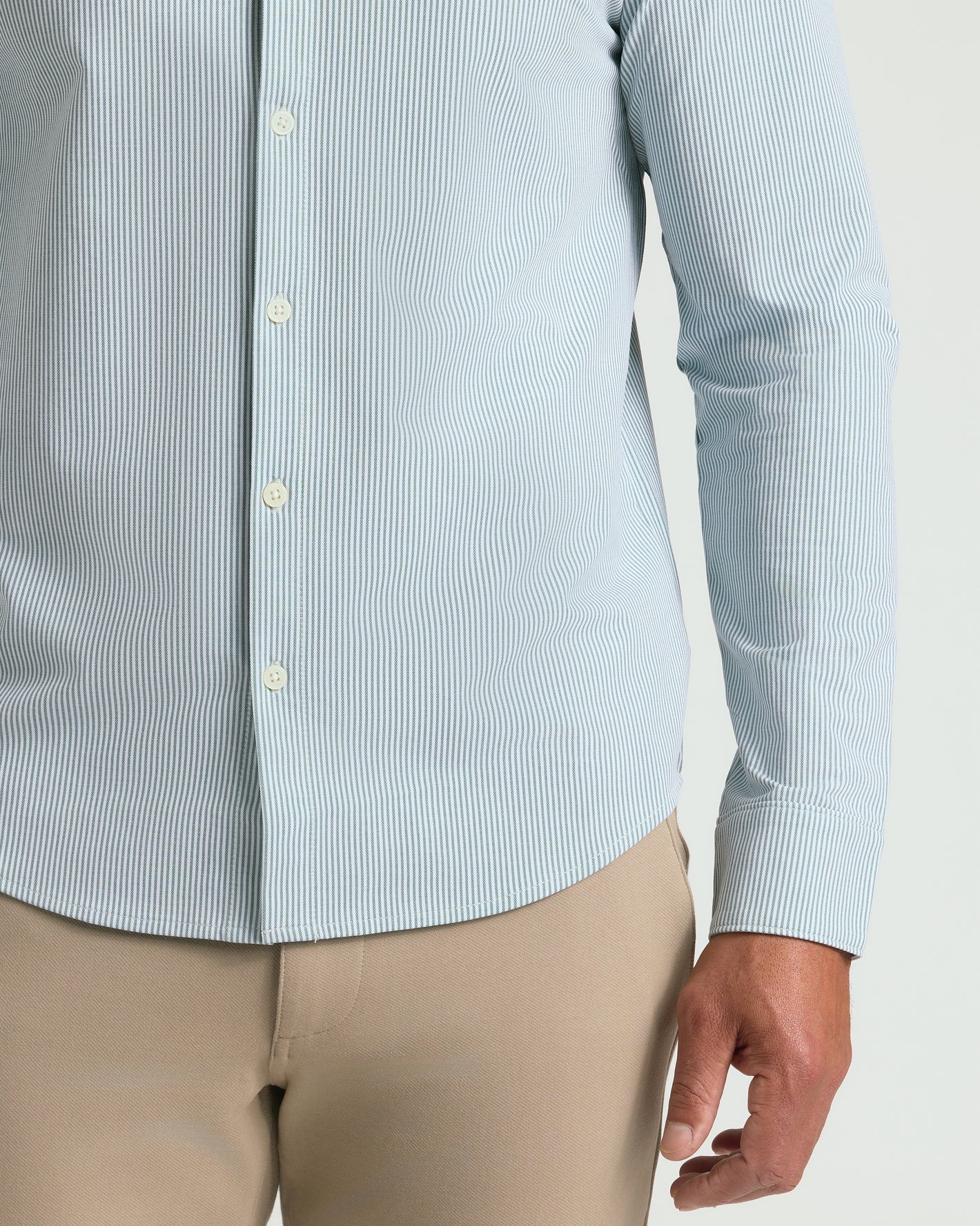 Juniper Stripe Classic Stretch Oxford 2.0 with tan trousers.