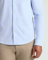 Blue Stripe Stretch Oxford 2.0 shirt with white buttons, khaki pants.