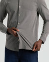 Oak Stretch Oxford 2.0 shirt showcased for its drape and stretch.