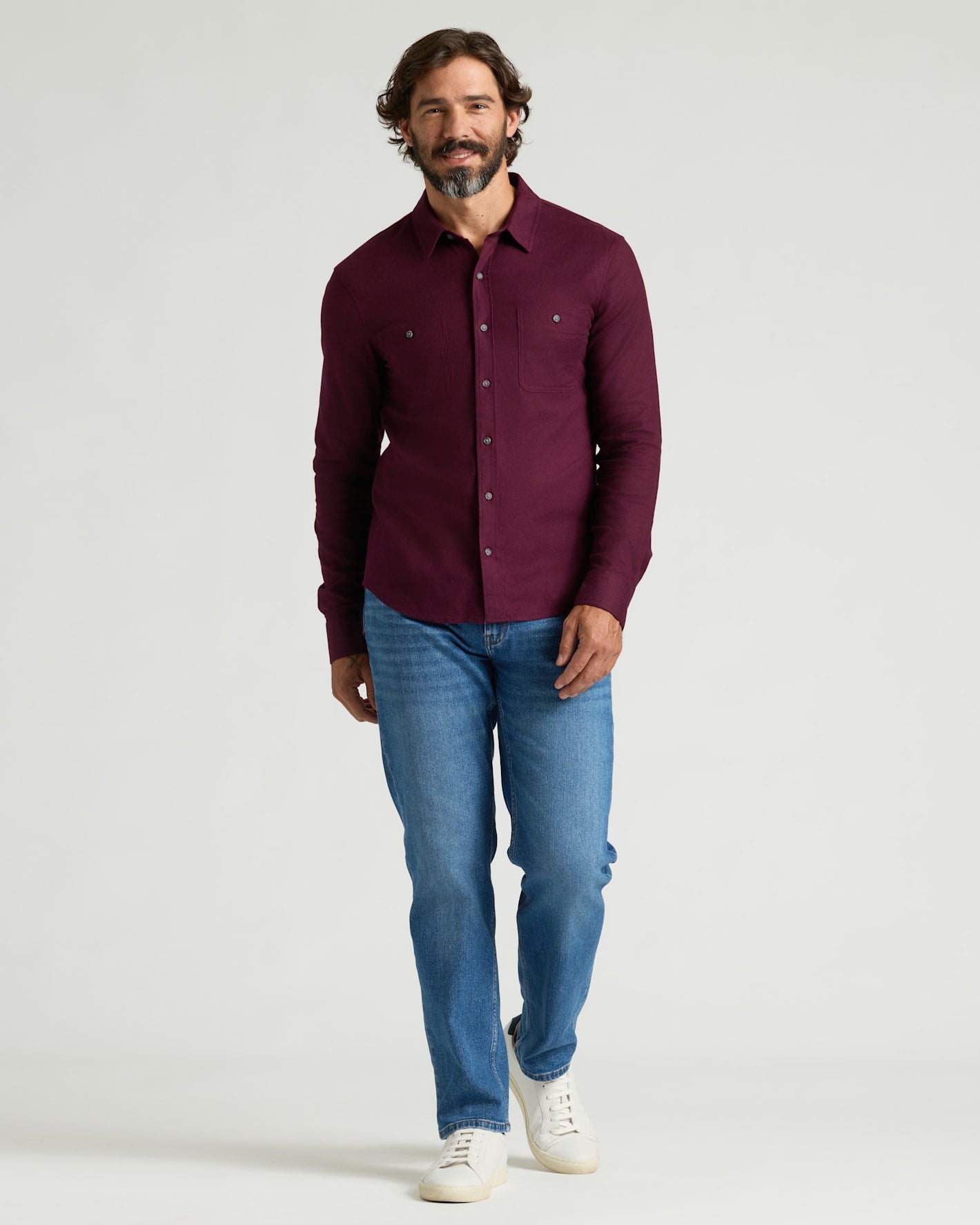 Man wearing Aubergine & Woodland Flannel Shirts 2-Pack, styled casually.