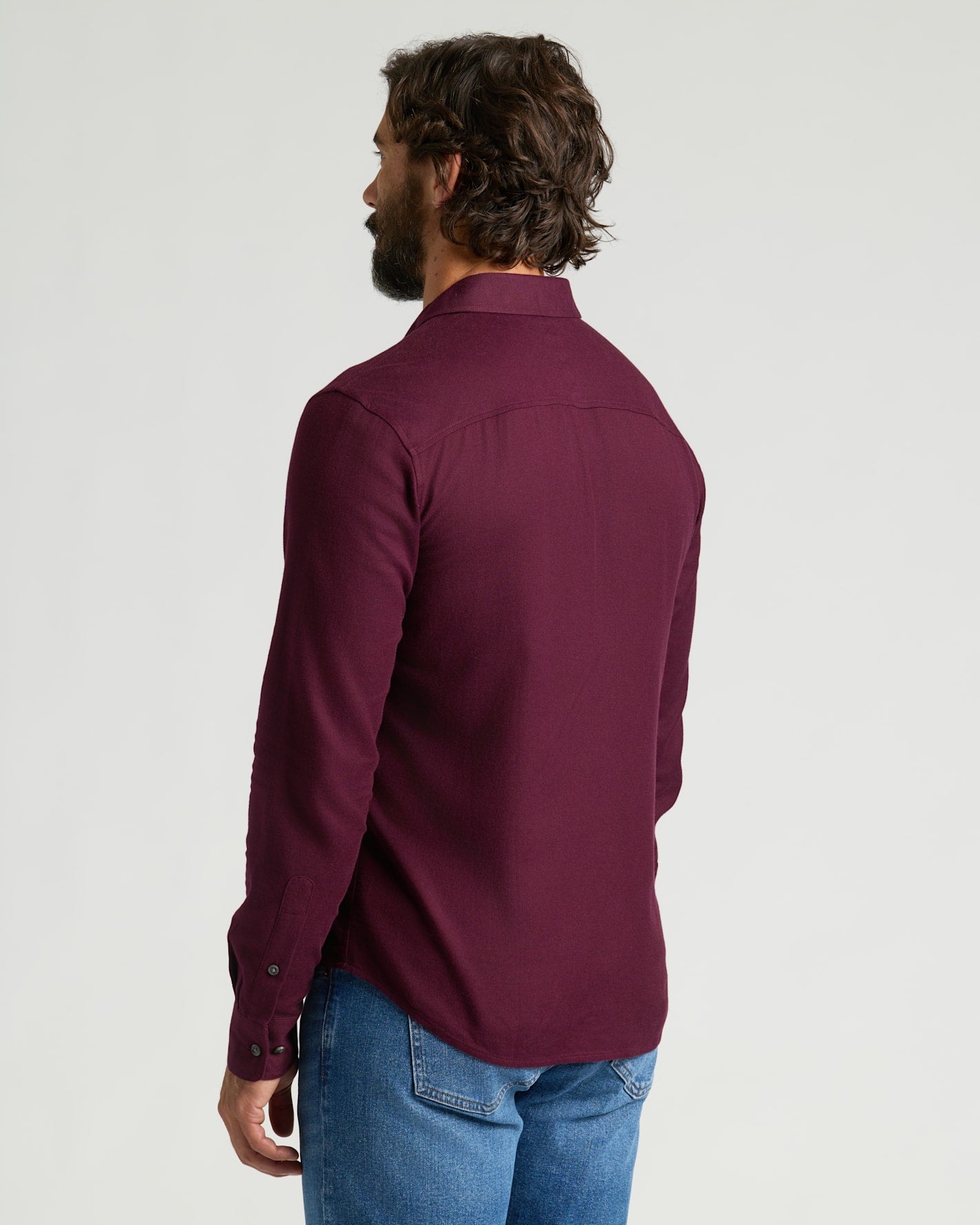 Back view of man in Aubergine & Woodland Flannel Shirts 2-Pack.