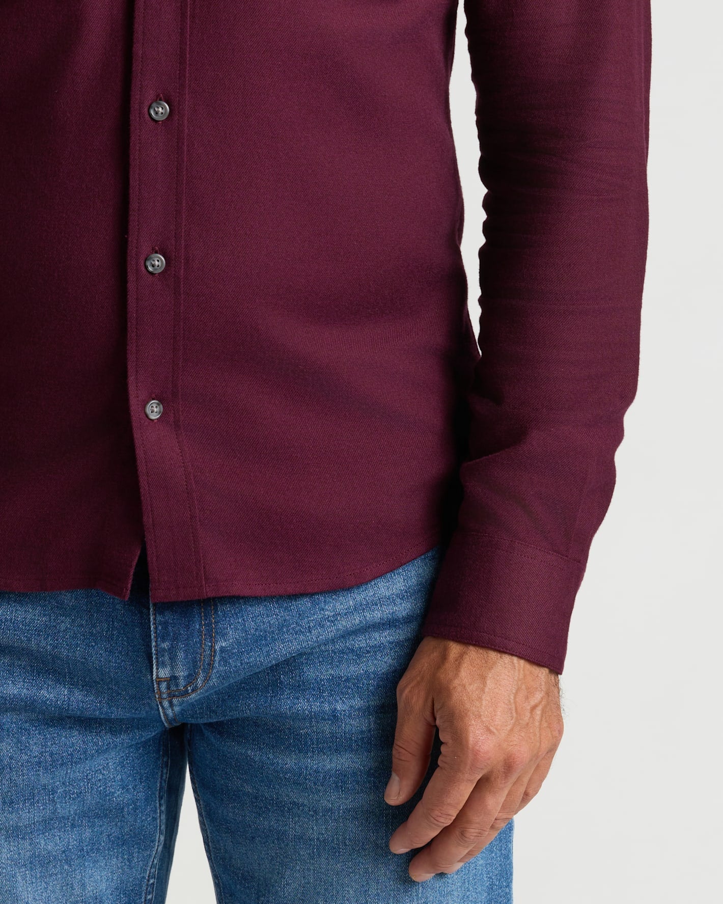 Aubergine Long Sleeve Flannel Shirt with button detailing and relaxed fit.
