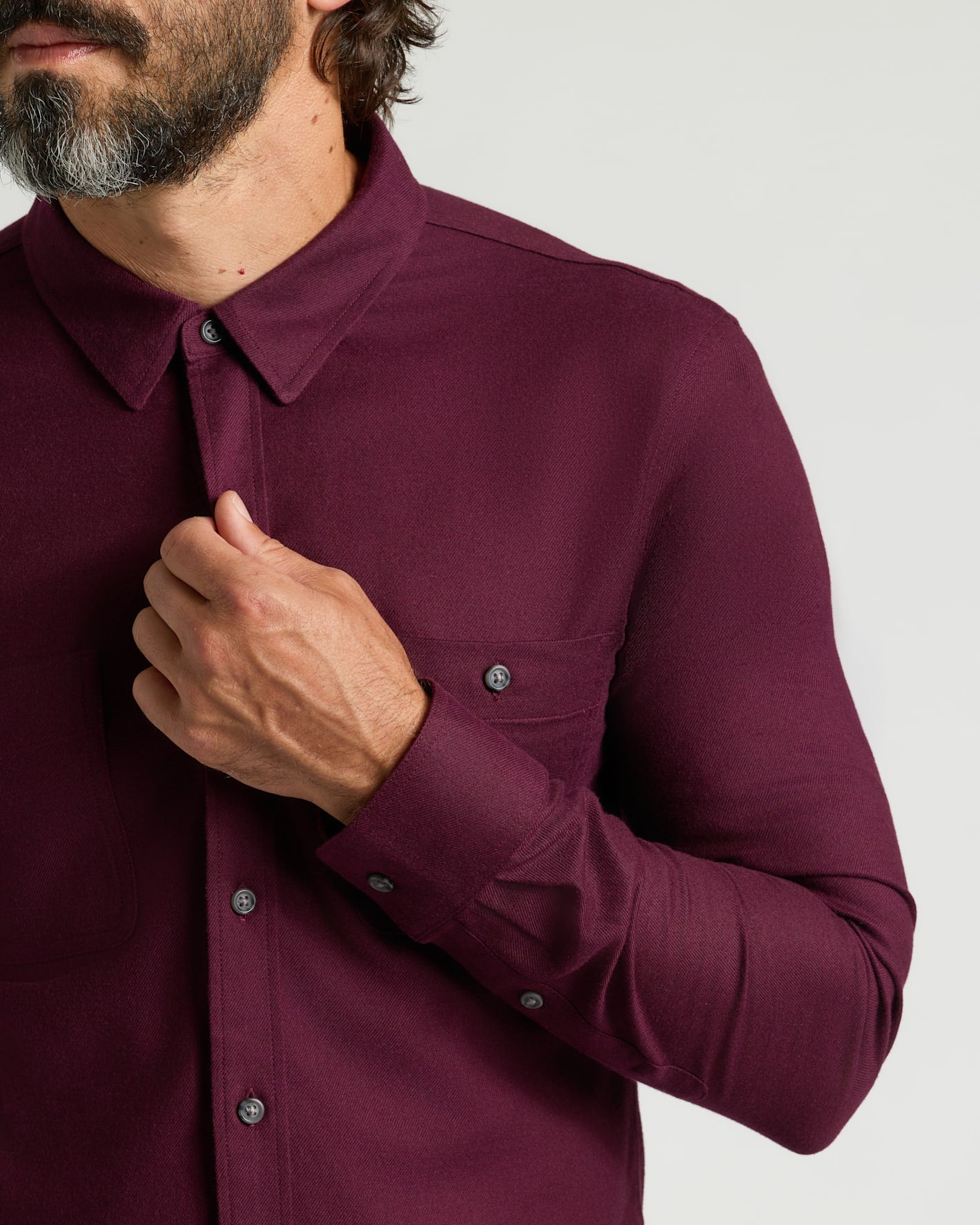 Aubergine Long Sleeve Flannel Shirt with buttoned chest pocket.