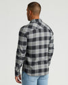 Man wearing Onyx Plaid & Slate Plaid Flannel Shirt, back view.