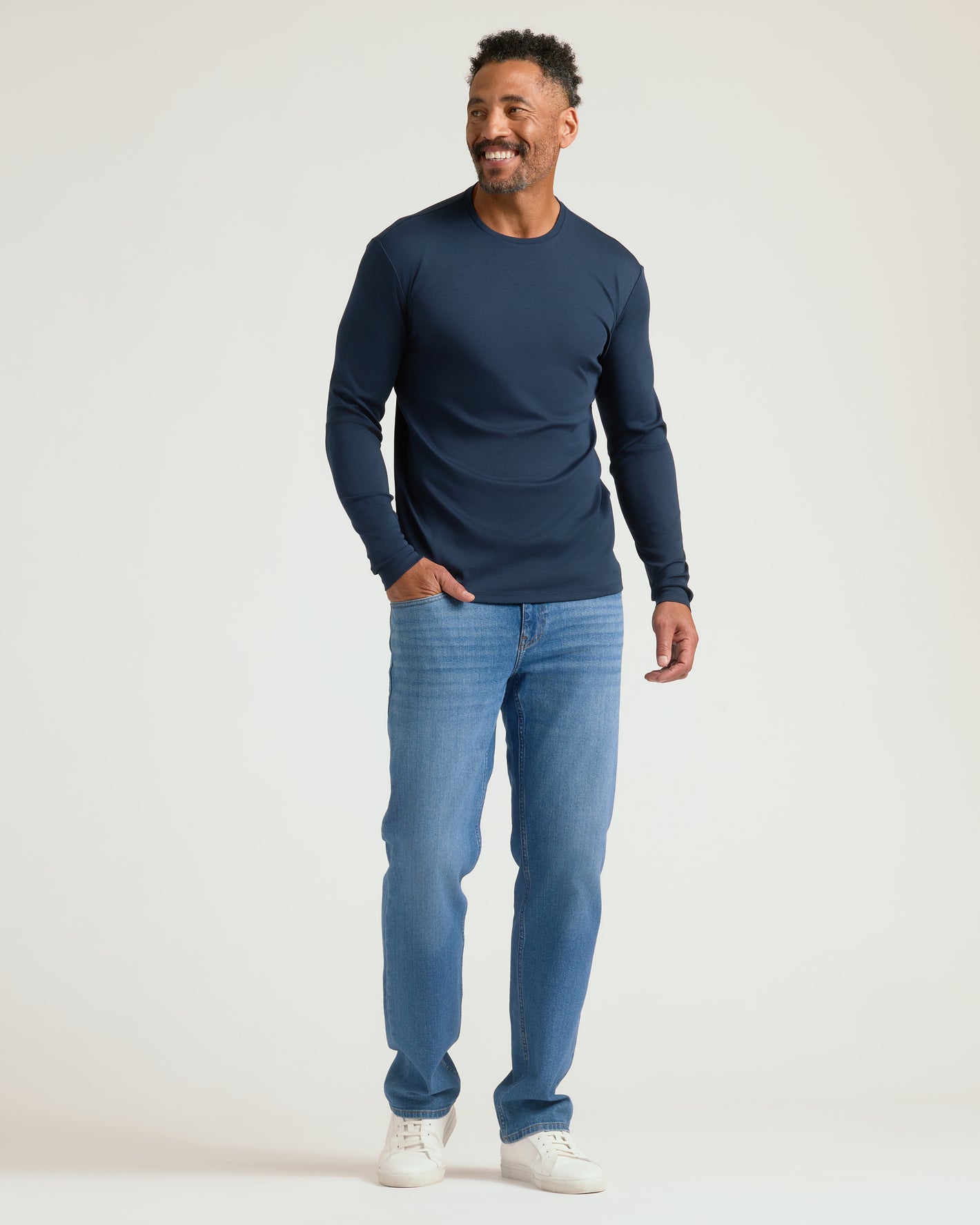 Navy & Grove Premium Pima Long Sleeve Crew showcased with casual styling.