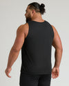 Man wearing Black Sleeveless Active Mesh Tank, back view, athletic fit.