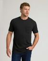 Black crew neck t-shirt with chest pocket, short sleeves, casual fit.