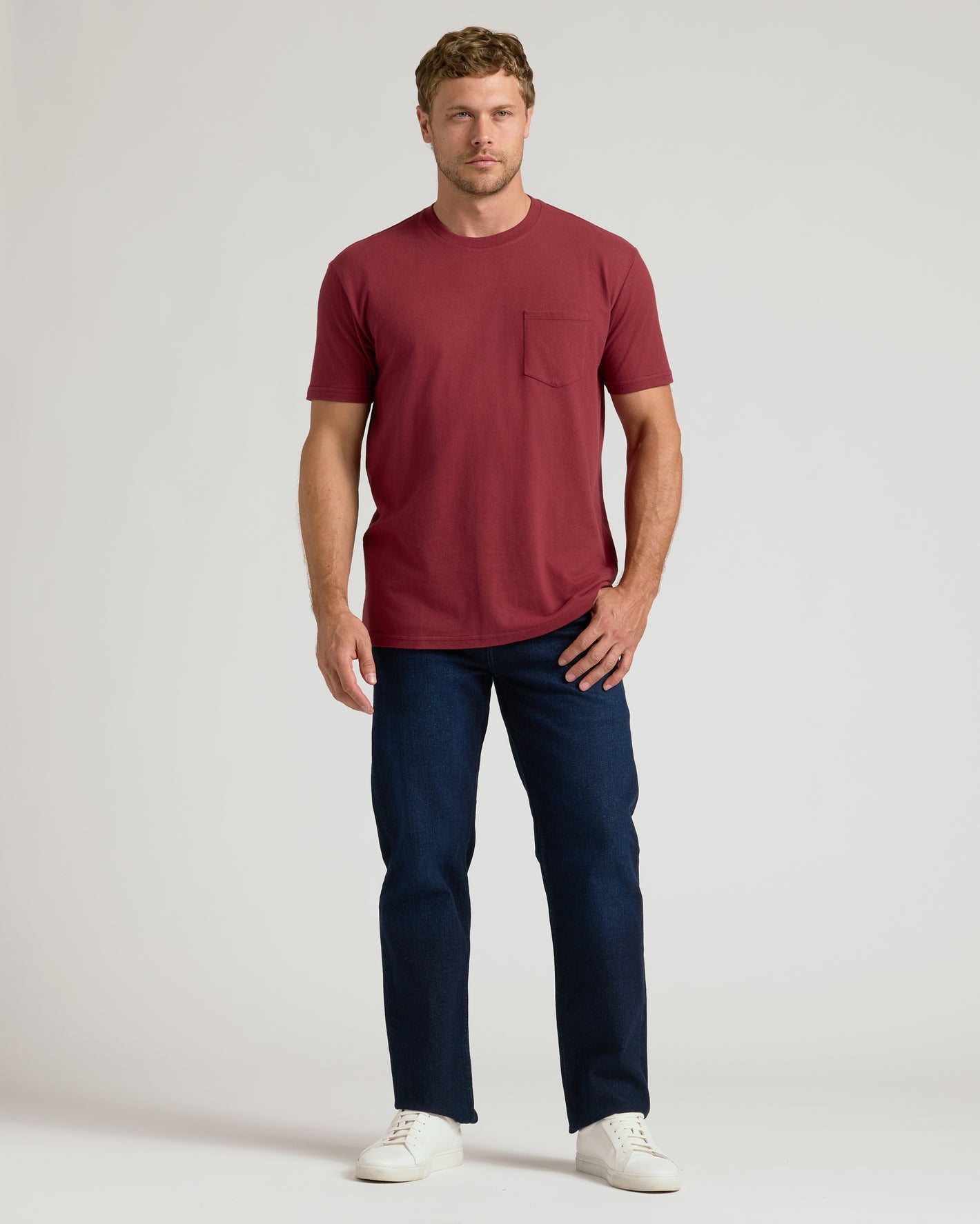 Man wearing Claret Pocket Crew Tee with jeans and sneakers.