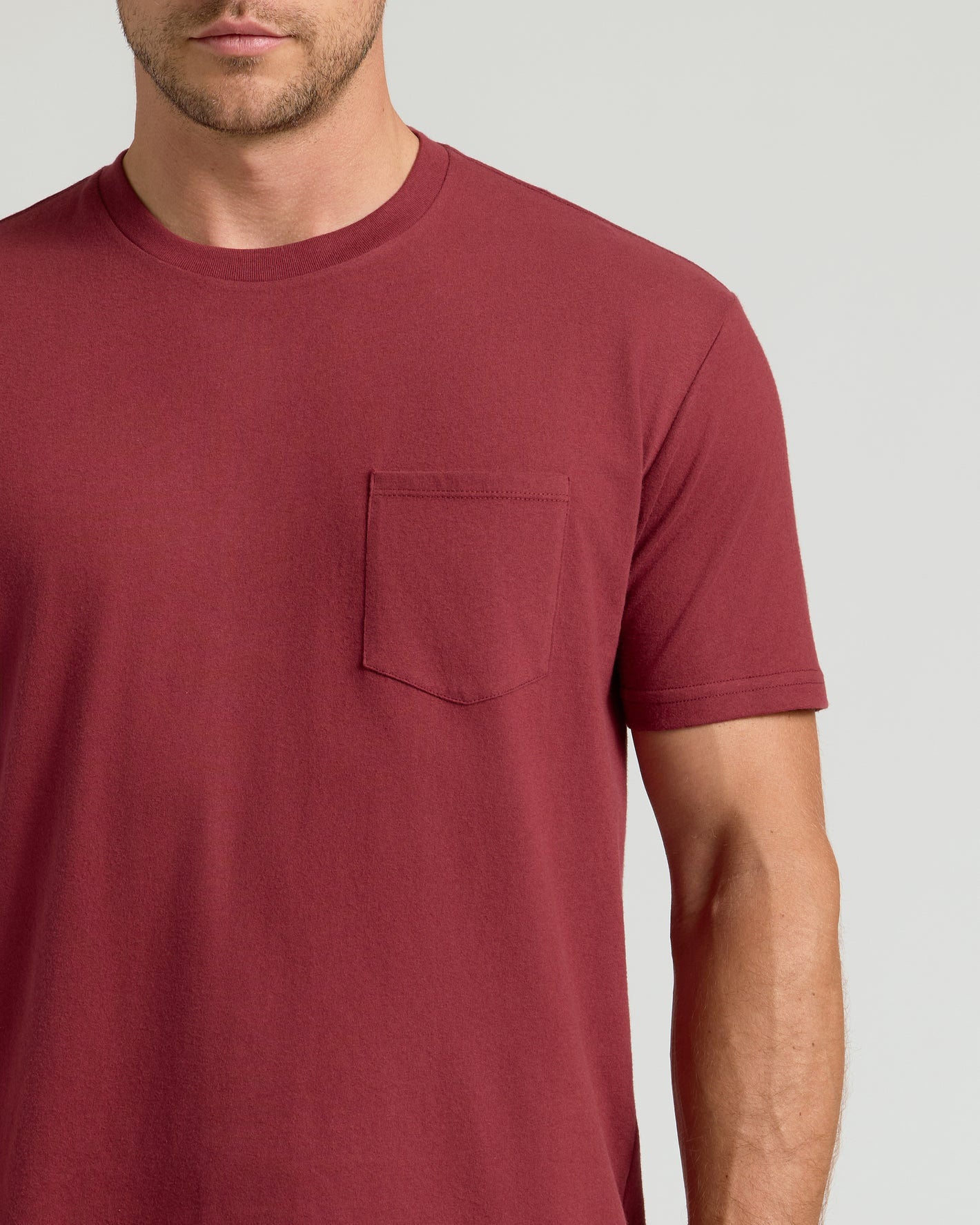 Claret Pocket Crew Tee with chest patch pocket, athletic cut.
