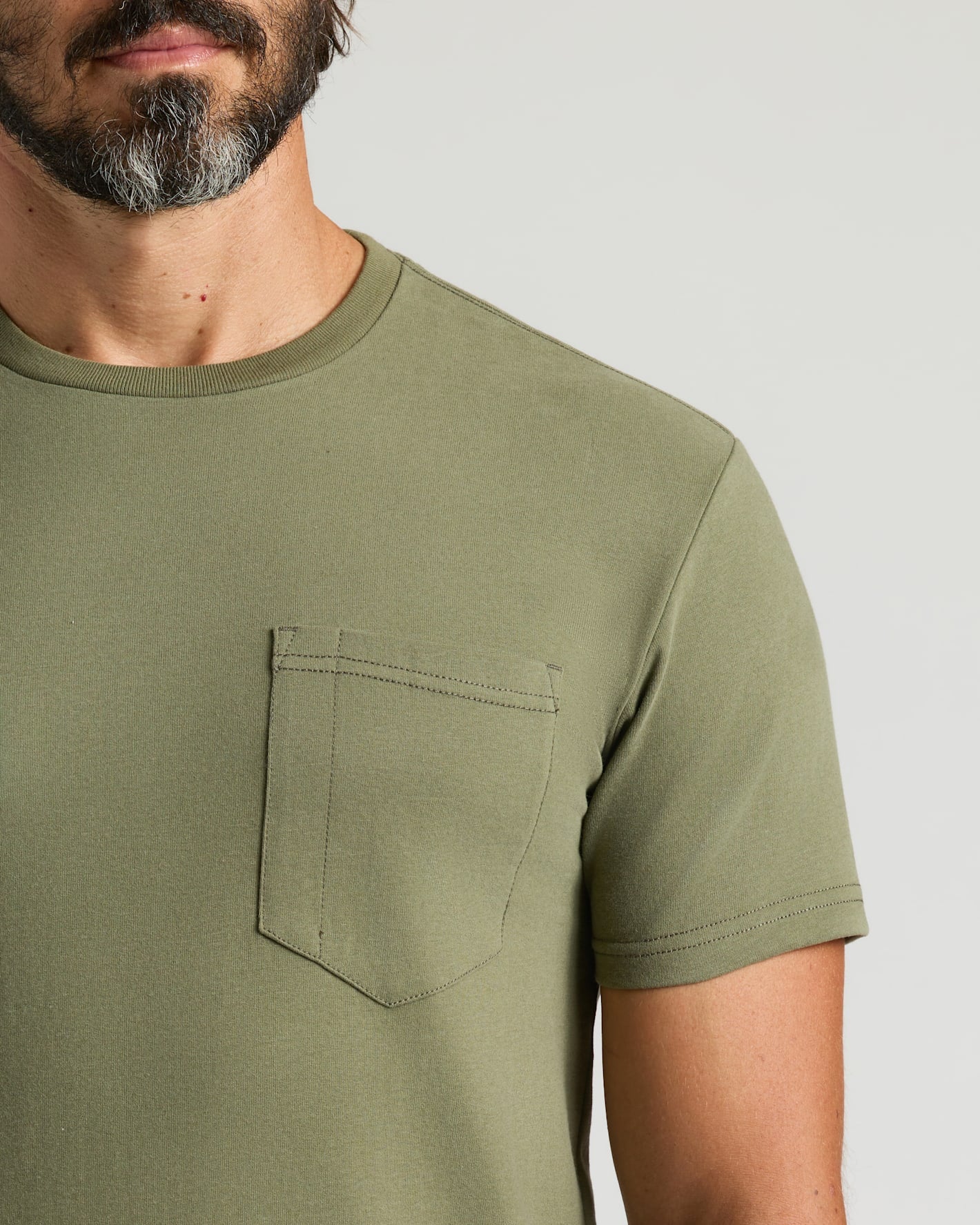Military Green Heavyweight Pocket Crew on man with gray-beard.