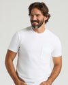 Man wearing All White Heavyweight Pocket Crew T-shirt, smiling.