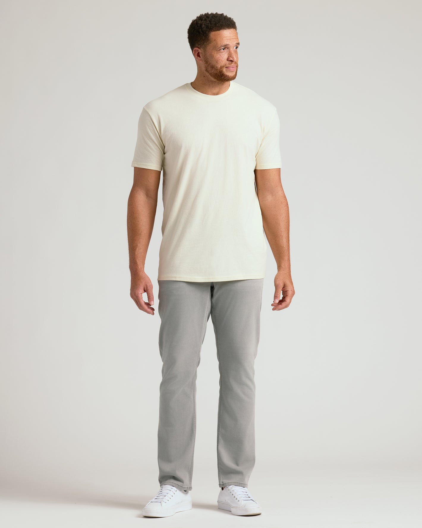 Alabaster Tall Straight Hem Crew Neck T-Shirt worn by a man.