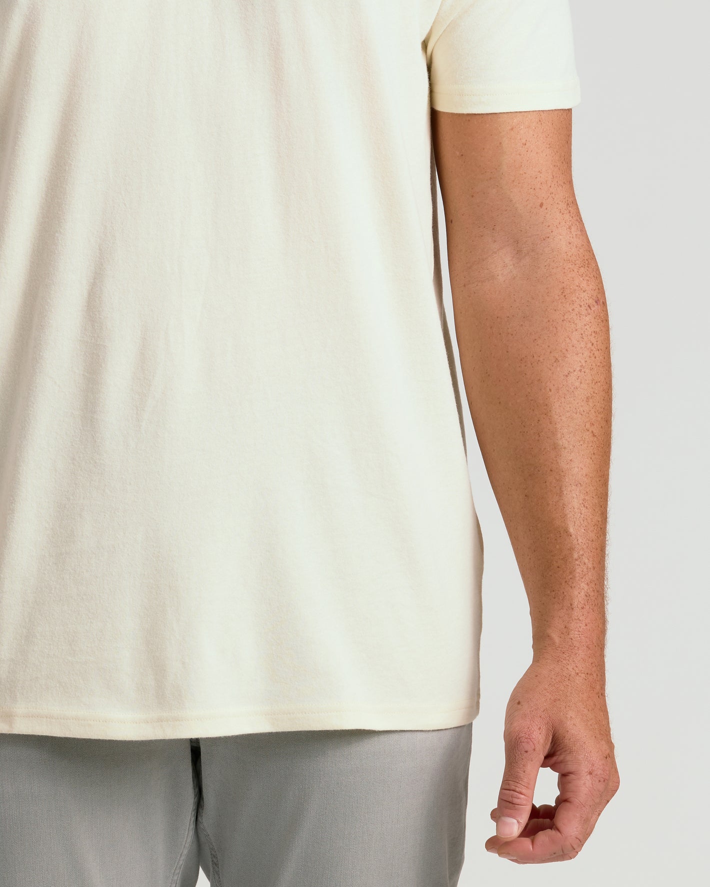 Wearing Alabaster Tall Straight Hem Crew Neck T-Shirt, relaxed fit.