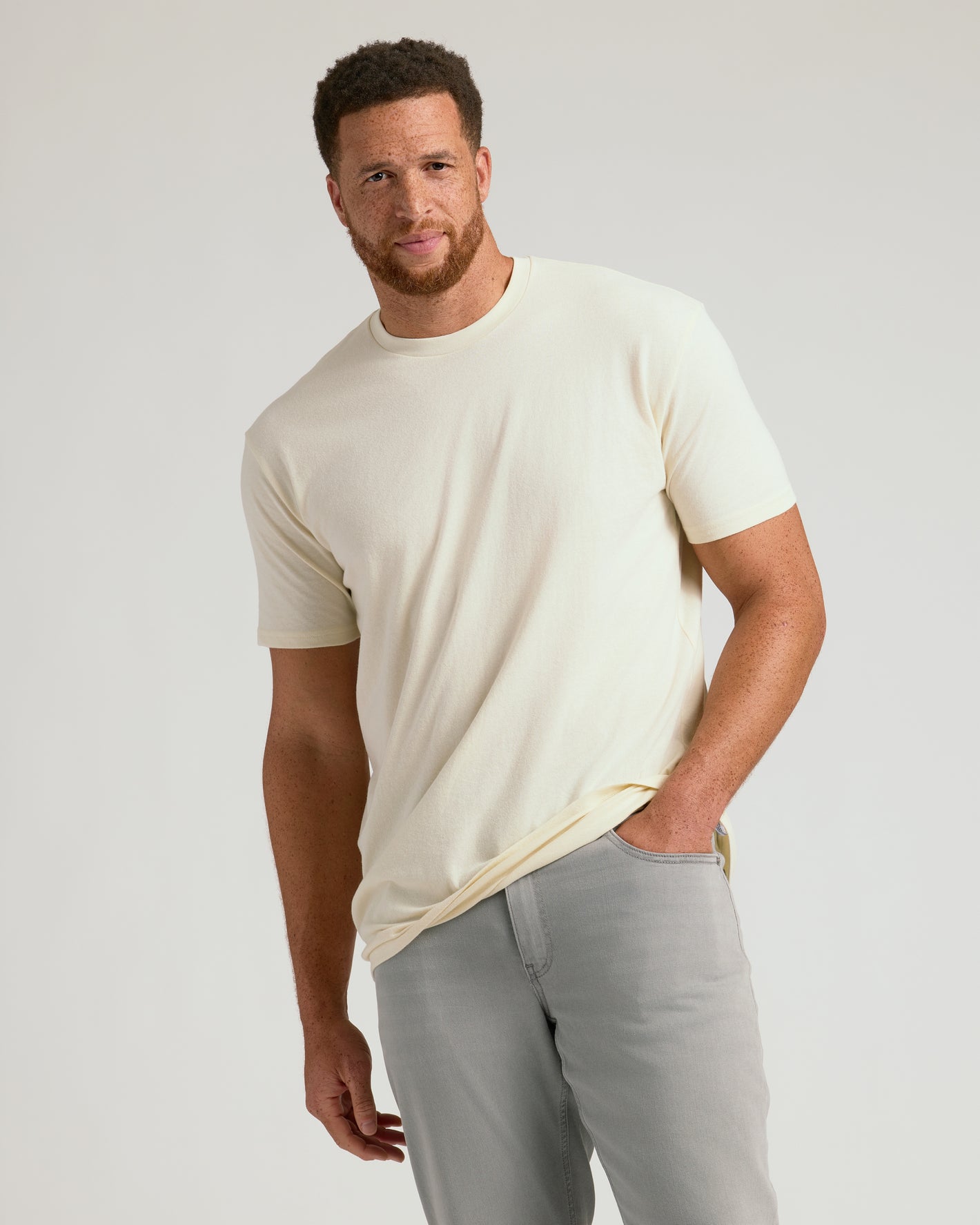 Alabaster Tall Straight Hem Crew Neck T-Shirt worn by a man.