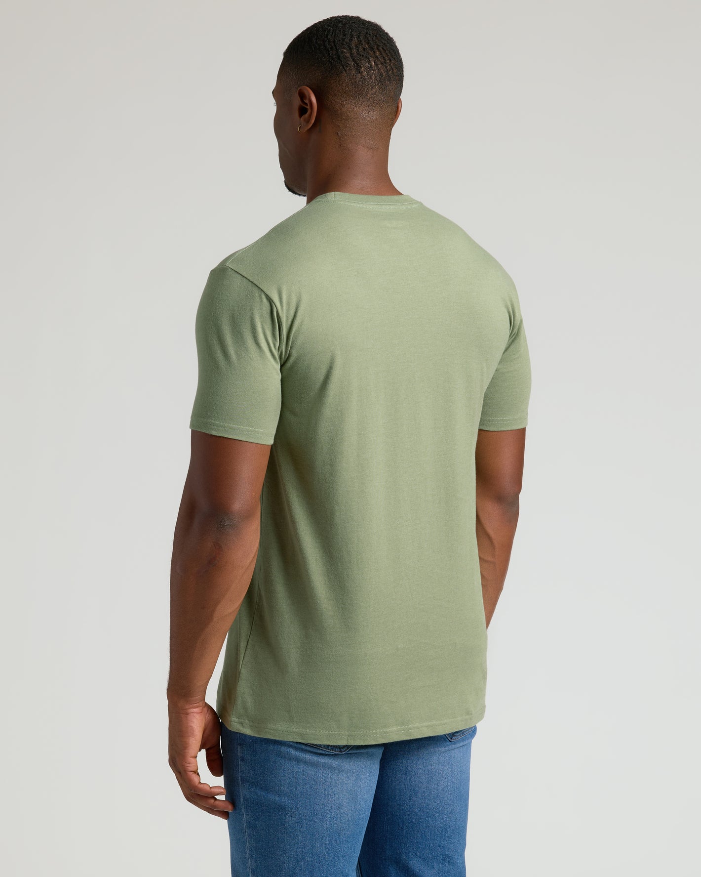 Back view of man in Dark Heather Bay Green Tall Straight Hem Crew Neck T-Shirt.
