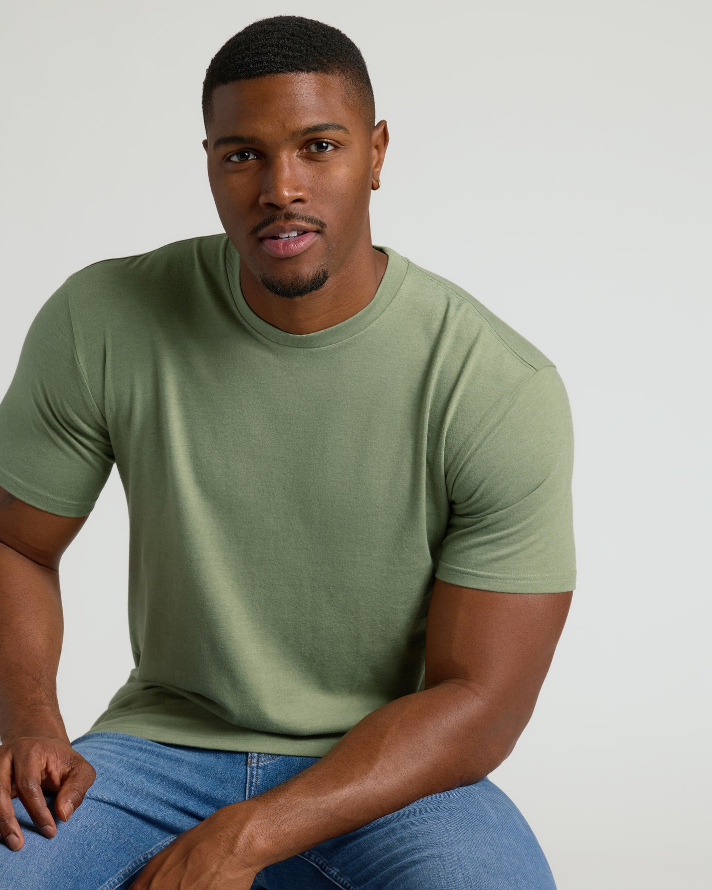 Man wearing Dark Heather Bay Green Tall Straight Hem Crew Neck T Shirt.