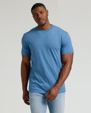 Athletic man in Dark Heather Blue Lake Tall Straight Hem Crew Neck T-Shirt.