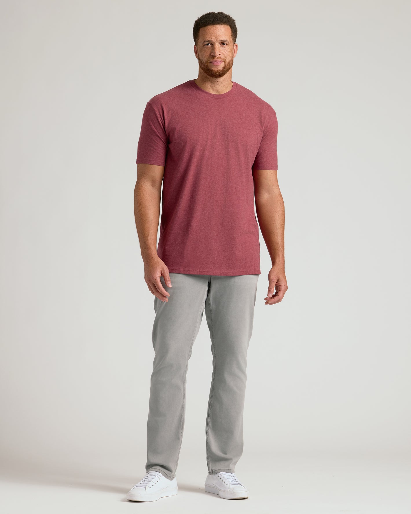 Man models Dark Heather Claret Tall Straight Hem Crew Neck T-Shirt.