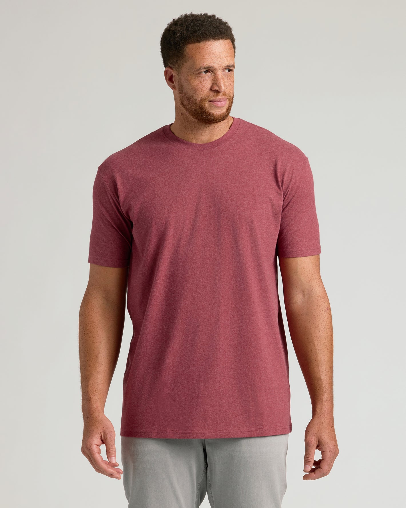 Dark Heather Claret Tall Straight Hem Crew Neck T-Shirt on male model.