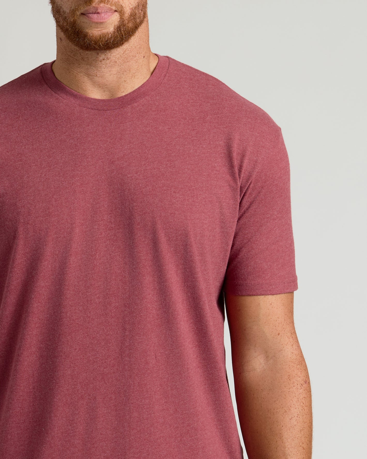 Dark Heather Claret Tall Straight Hem Crew Neck T-Shirt on man's torso.