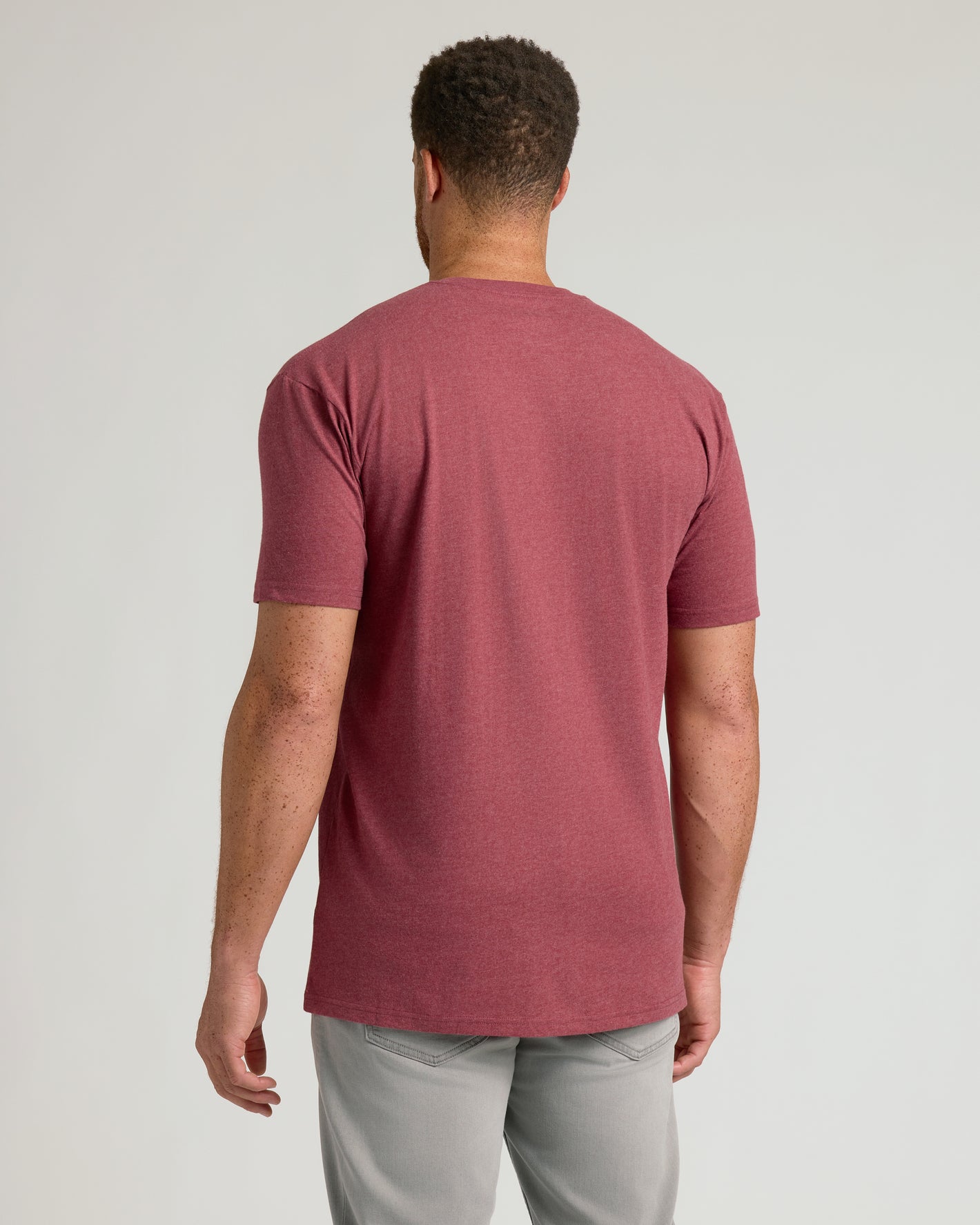 Dark Heather Claret Tall Straight Hem Crew Neck T-Shirt, back view.
