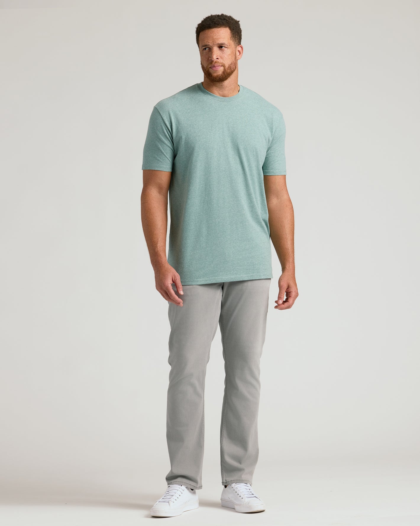Heather Balsam Tall Straight Hem Crew Neck T-Shirt worn by man.