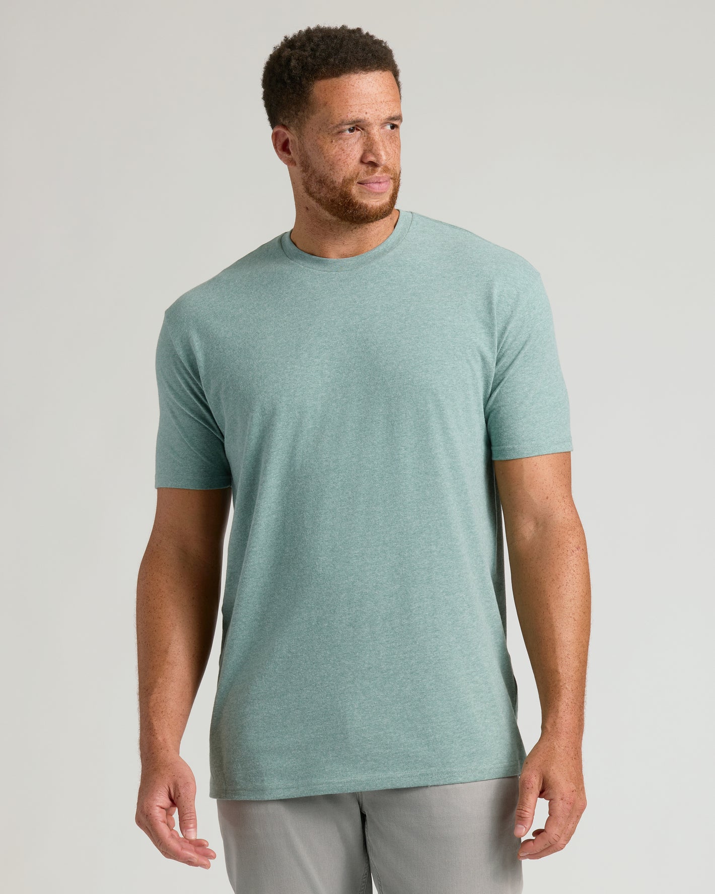Man wearing Heather Balsam Tall Straight Hem Crew Neck T-Shirt.