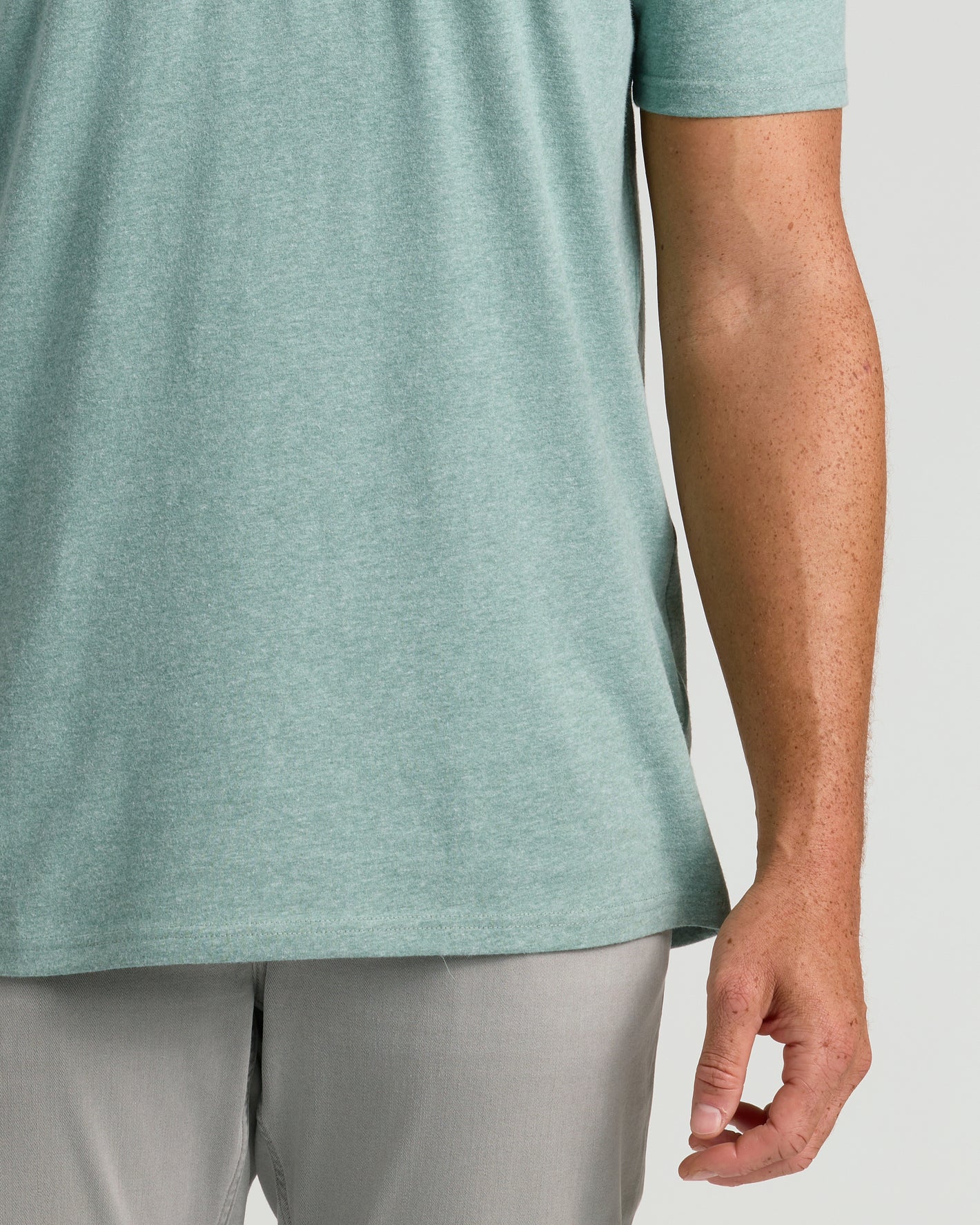 Heather Balsam Tall Straight Hem Crew Neck T-Shirt on model's midsection.