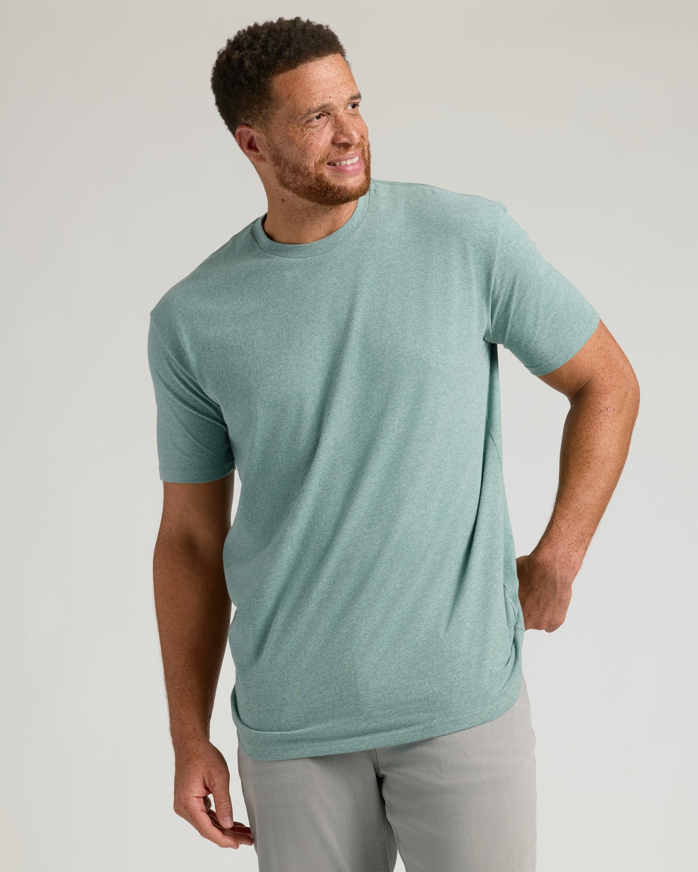 Heather Balsam Tall Straight Hem Crew Neck T-Shirt on a man.