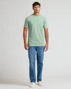 Heather Slate Green Tall Straight Hem Crew Neck T Shirt worn by a young man.