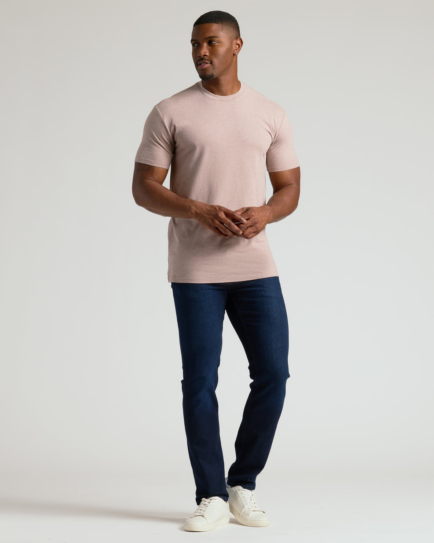 Person wearing Light Heather Slate Mauve Tall Straight Hem Crew Neck T-Shirt.