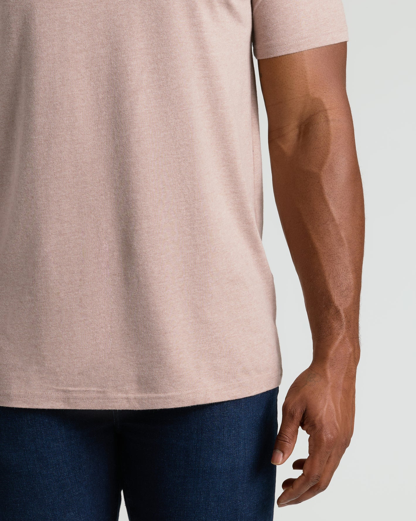 Light Heather Slate Mauve Tall Straight Hem Crew Neck T-Shirt on person.