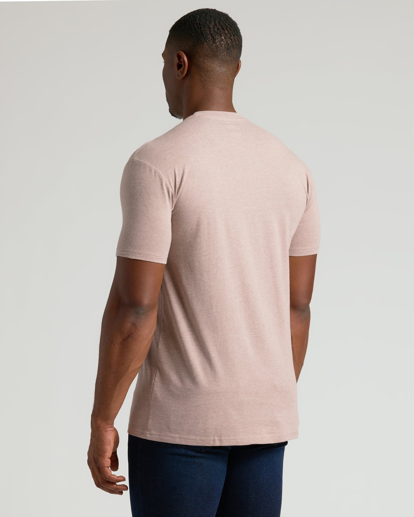 Back view of man wearing Light Heather Slate Mauve Tall Straight Hem Crew Neck T-Shirt.