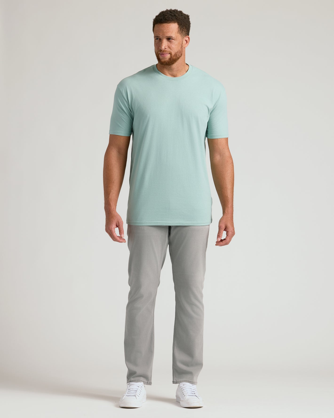 Seabreeze Tall Straight Hem Crew Neck T-Shirt on man in studio.