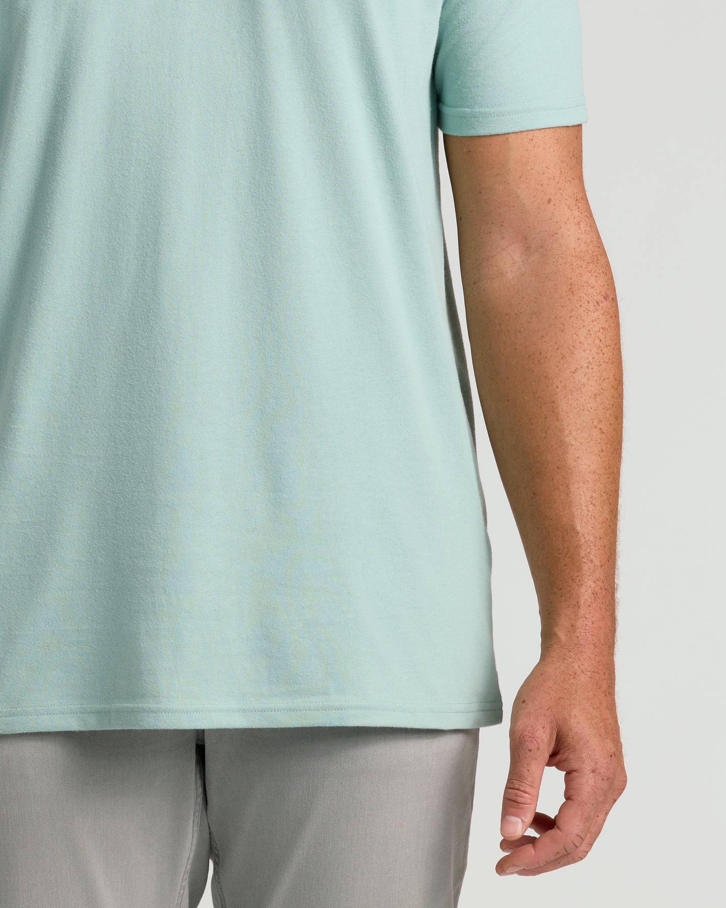 Seabreeze Tall Straight Hem Crew Neck T-Shirt, mint-green, with light gray pants.