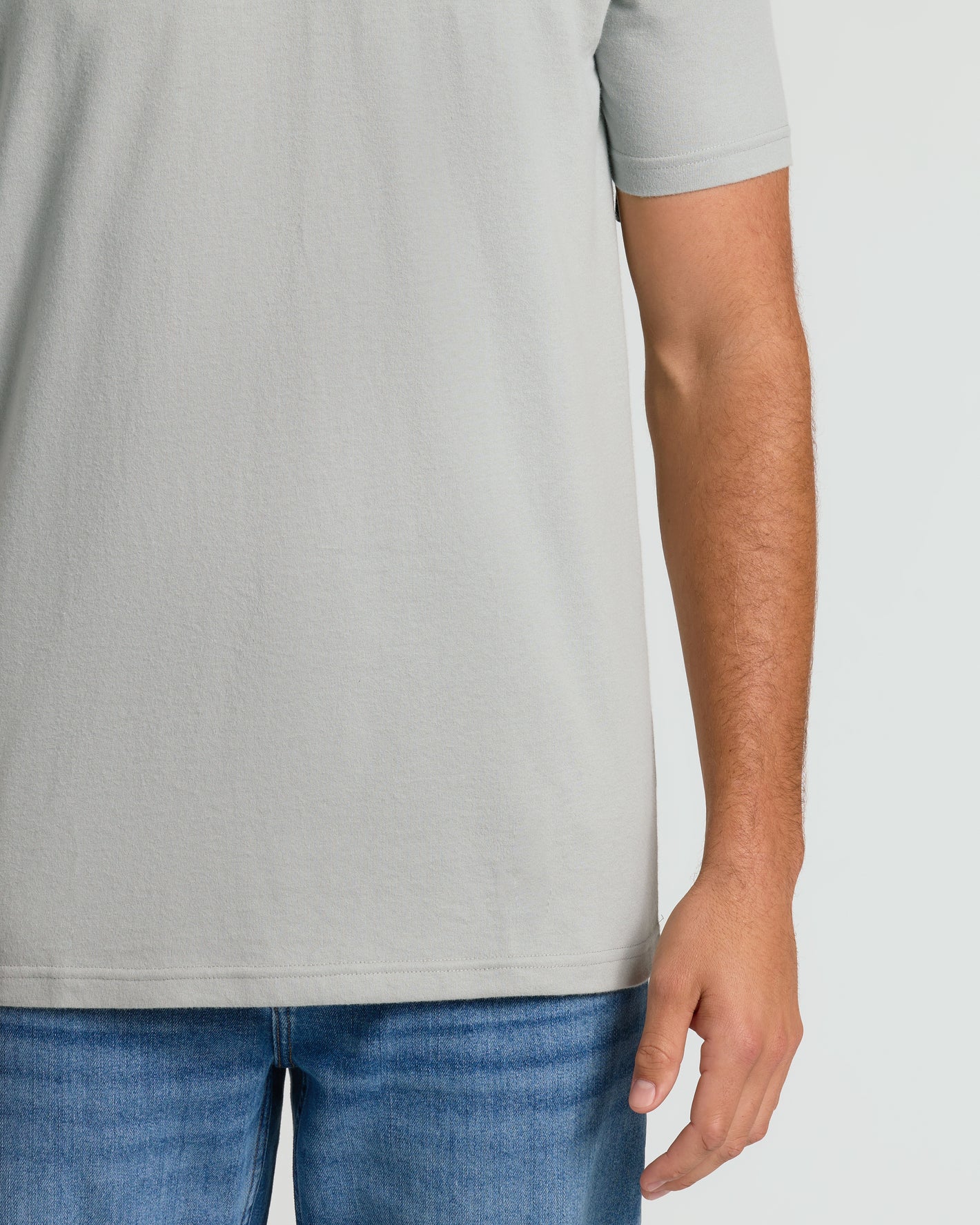 Steel Tall Straight Hem Crew Neck T-Shirt worn with blue jeans.