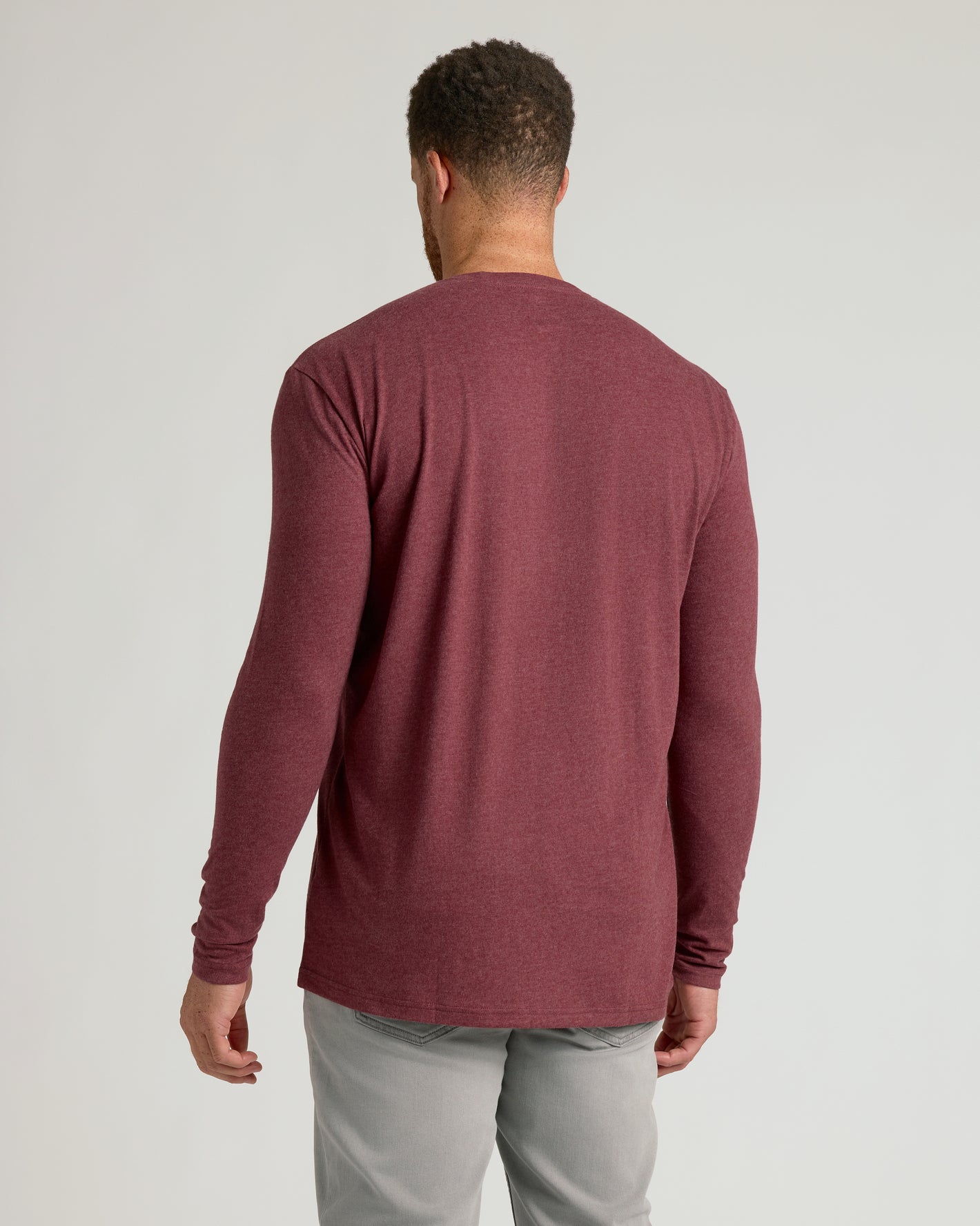 Seasonal Tall Classic Long Sleeve Crew in heathered burgundy, back view.