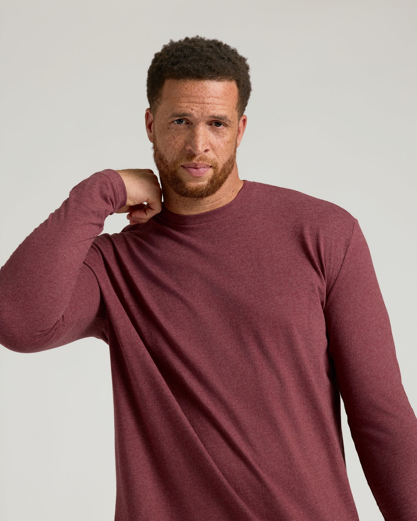 Dark Heather Clovewood Tall Long Sleeve T-Shirt on man, casual pose.