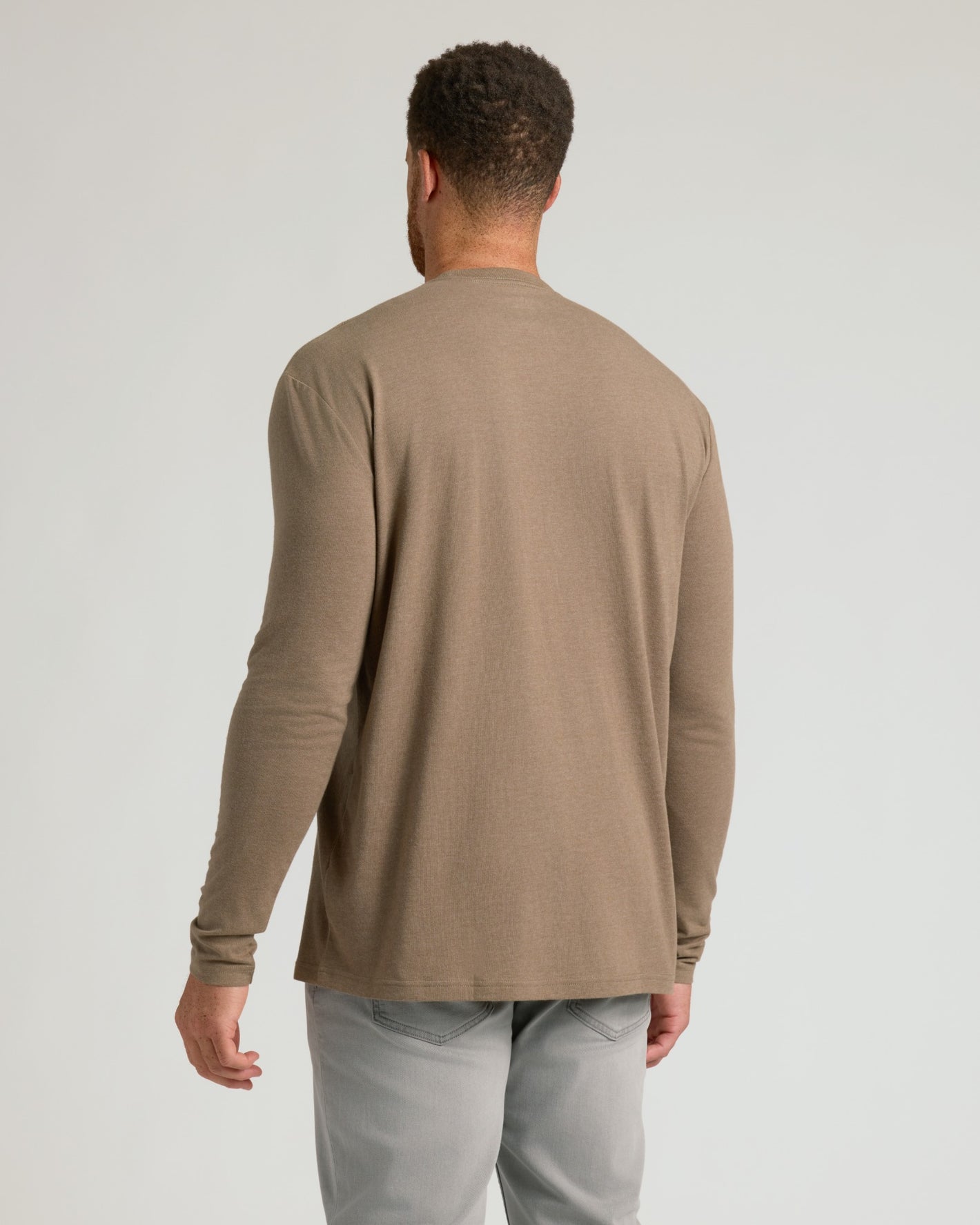 Dark Heather Sagewood Tall Long Sleeve T-Shirt on man, back view.