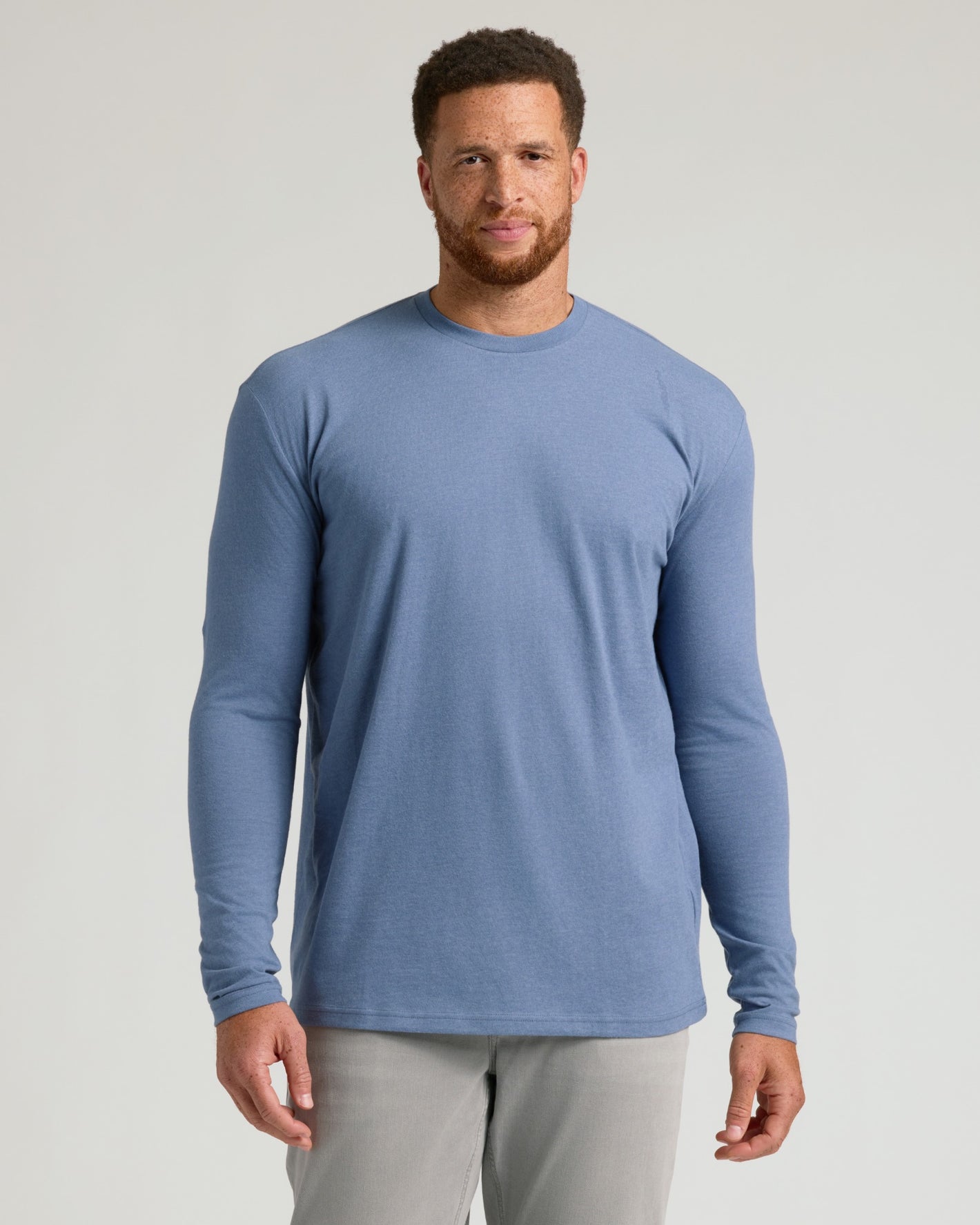 Model wearing Seasonal Tall Classic Long Sleeve Crew 3-Pack shirt.
