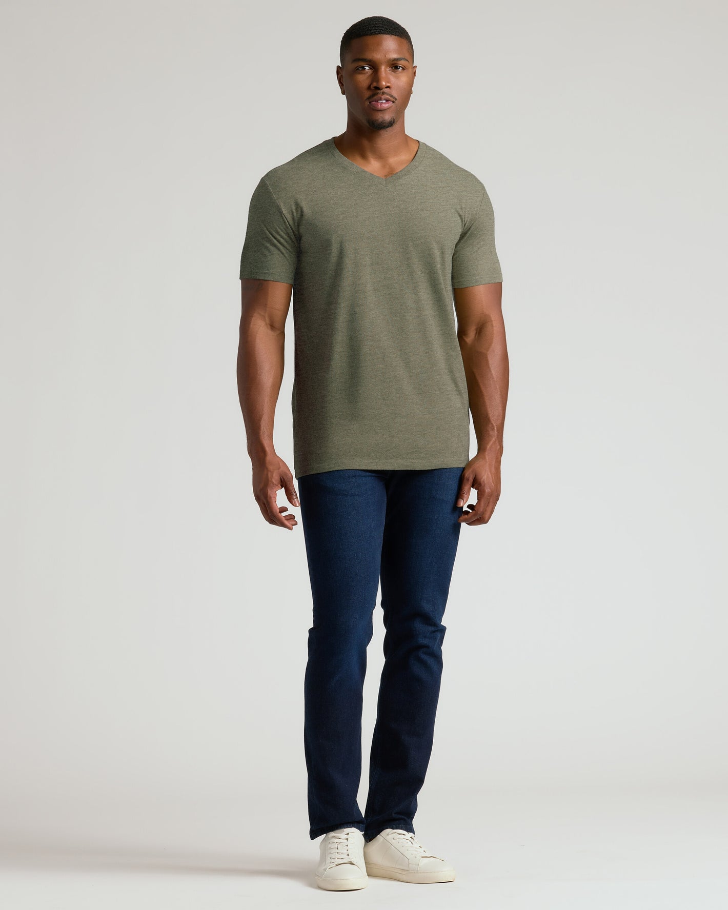 Man in Heather Military Green Tall Short Sleeve Classic V-Neck.