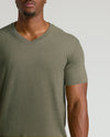 Man wearing Heather Military Green Tall Short Sleeve Classic V-Neck shirt.