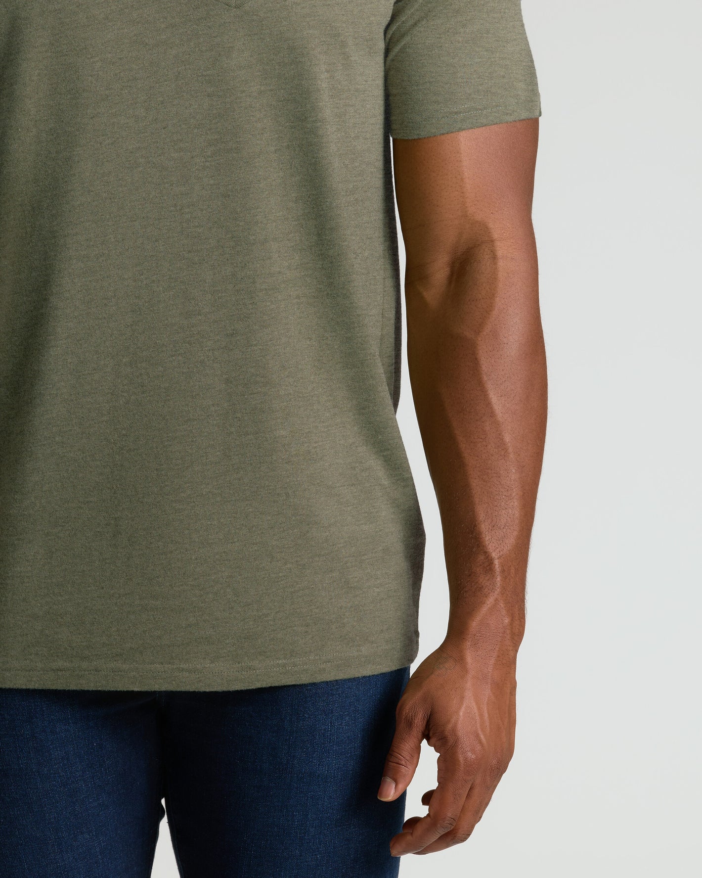 Heather Military Green Tall Short Sleeve Classic V-Neck on model's midsection.
