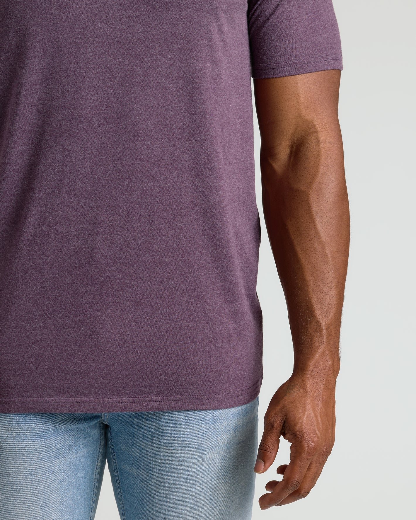 V-Neck T-shirt on model, showcasing Dark Heather Plum Tall Classic fit.