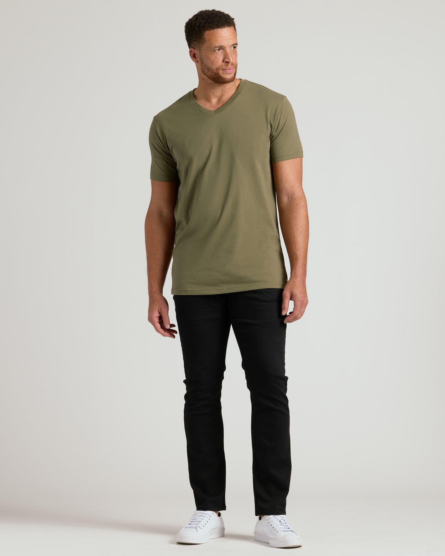 Male model wearing Military Green Tall Short Sleeve Classic V-Neck.