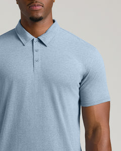 True ClassicMan wearing Heather Indigo Short Sleeve Tall Polo with three-button placket.
