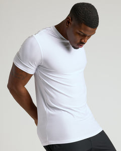 True ClassicWhite Tall Active Crew Neck 2.0 on model, showcasing its sleek fit.
