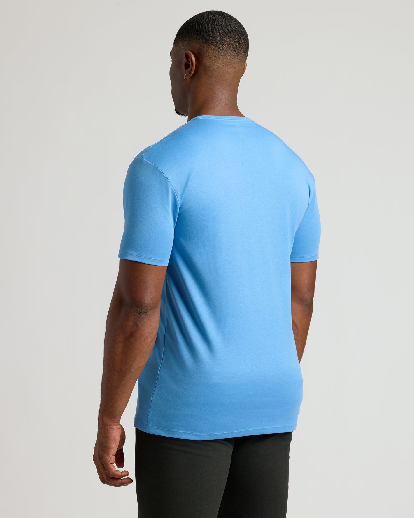 Cerulean Tall Premium Pima Crew Neck on man from back view.
